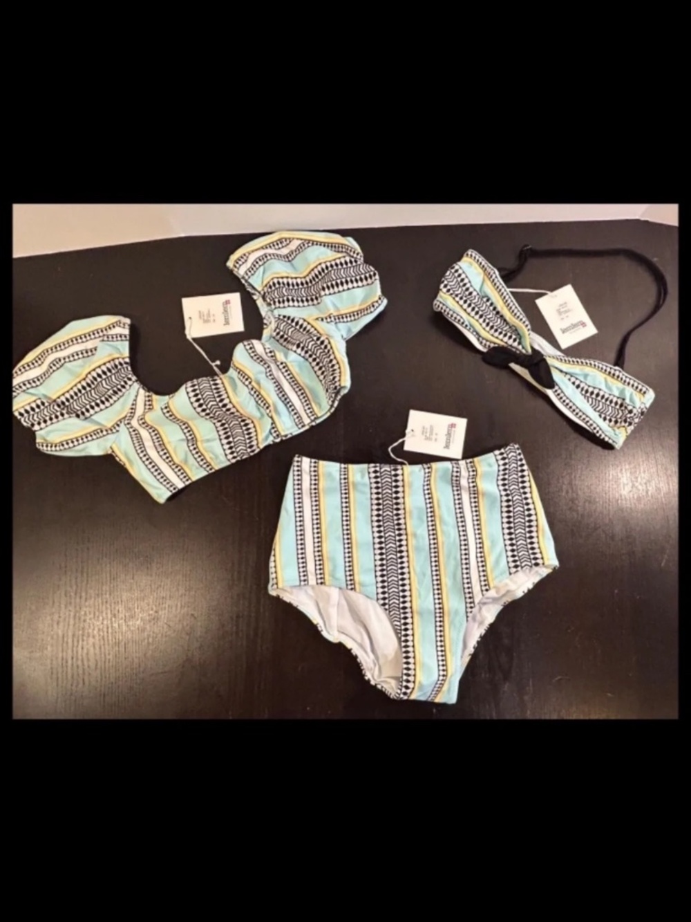 Lemlem Neela Bikini 3pc Set Pouf Top, Bandeau Top & High Waist Bottom Size XS